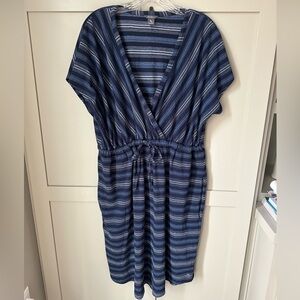 EUC Eddie Bauer Blue, Navy & White V-Neck Midi Crossover Dress SZ XL Super Cute